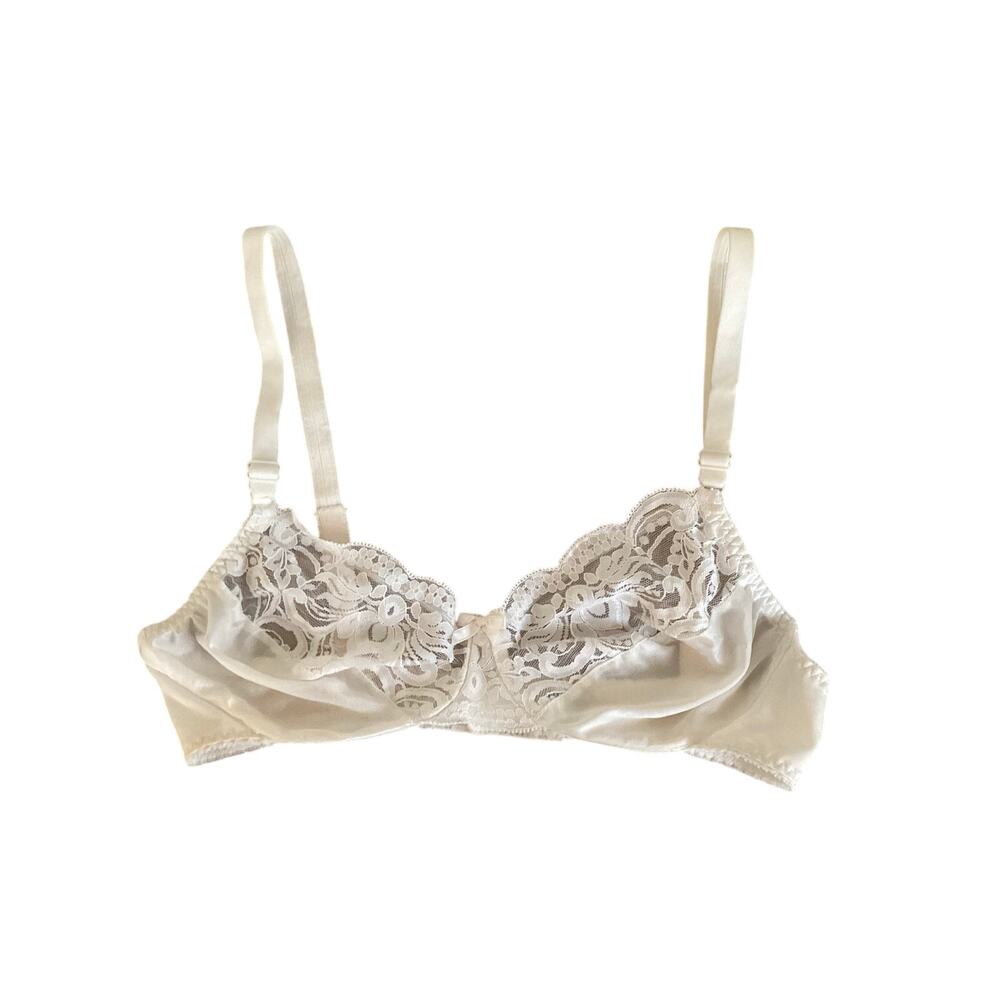Vintage Olga Shimmerlillies Bra 33007 White Satin Lace Underwire 36C